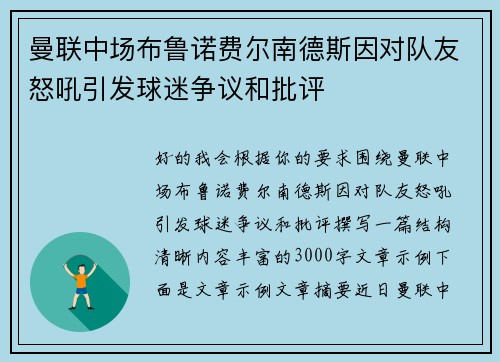 曼联中场布鲁诺费尔南德斯因对队友怒吼引发球迷争议和批评